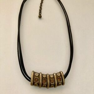 Black Cord Necklace With Brass Pendant VTG